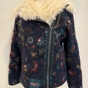 Free People Jacquard Wool Patterned Jacket with Faux Fur Collar XS